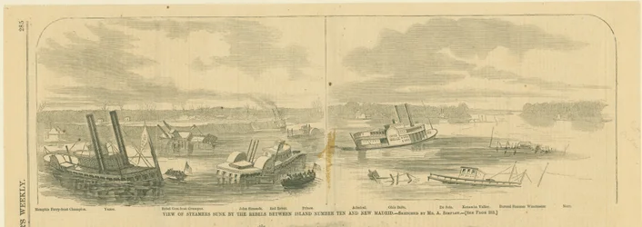 Druck von zerstörten Dampfschiffen mit einer Flussinsel im Hintergrund